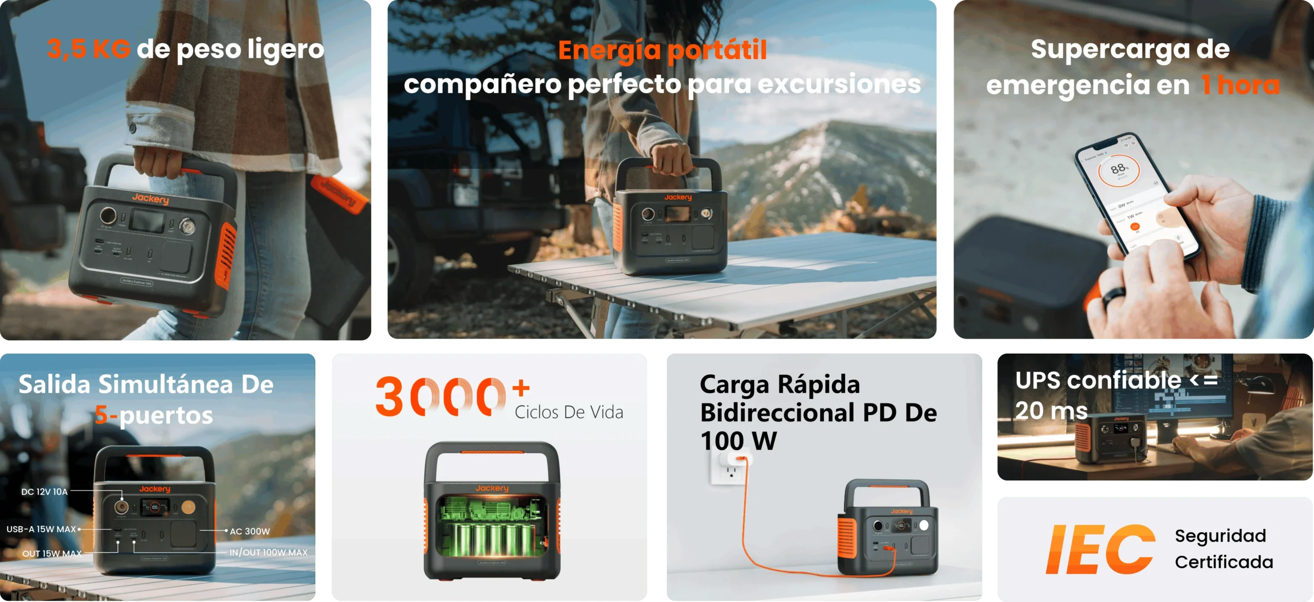 Resumen visual de características: 3,5 kg, carga en 1 hora y 3000 ciclos.