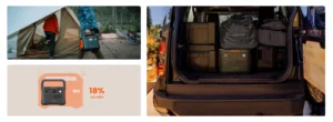 Collage de imágenes mostrando la reducción de tamaño del 18% de la Jackery 1000 v2 y su uso en camping, maletero de coche y Vanlife.