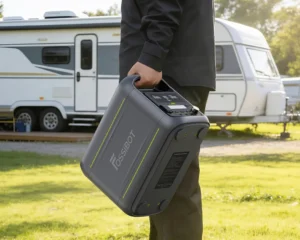 Hombre transportando la FOSSiBOT F1800 por su asa ergonómica junto a una caravana.