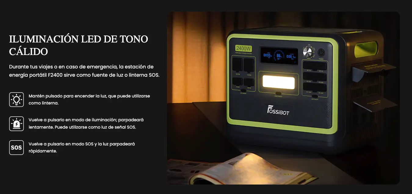 Luz LED frontal de tono cálido con modos de linterna y señal de socorro SOS integrada en la FOSSiBOT F2400