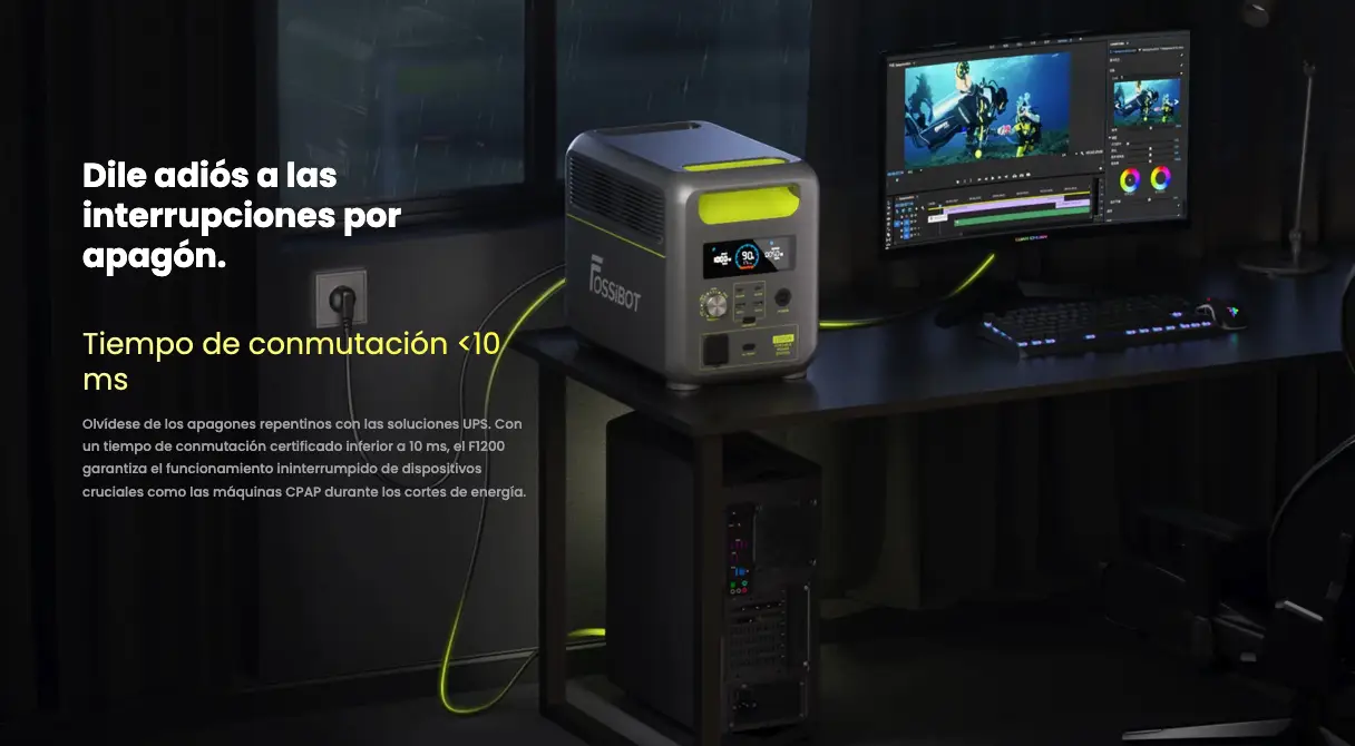 Esquema de la FOSSiBOT F1200 actuando como sistema UPS (SAI) protegiendo un ordenador iMac y una consola PS5, con indicación de