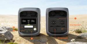 Vista detallada de las conexiones delanteras y traseras de la estación de energía FOSSiBOT F1800.