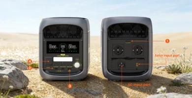 Vista detallada de las conexiones delanteras y traseras de la estación de energía FOSSiBOT F1800.