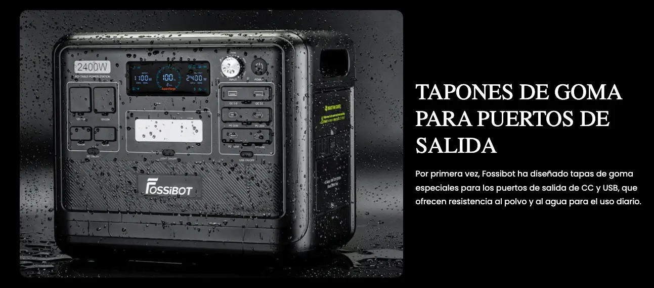 Detalle de las tapas de goma para los puertos de salida de la FOSSiBOT F2400 que ofrecen resistencia al polvo y agua.