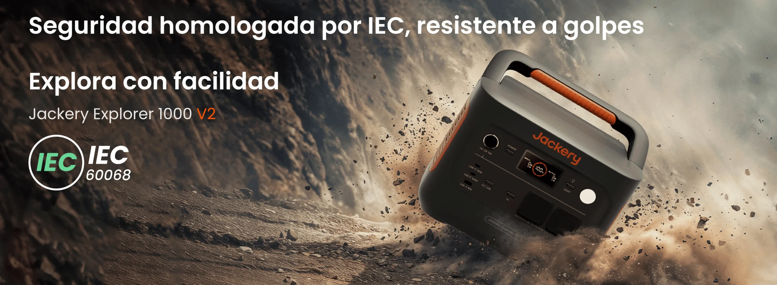 Banner promocional de la Jackery Explorer 1000 v2 destacando la seguridad homologada por IEC y su resistencia a impactos.