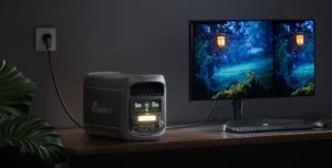 Estación FOSSiBOT F1800 conectada a un monitor de ordenador funcionando como sistema de alimentación ininterrumpida.