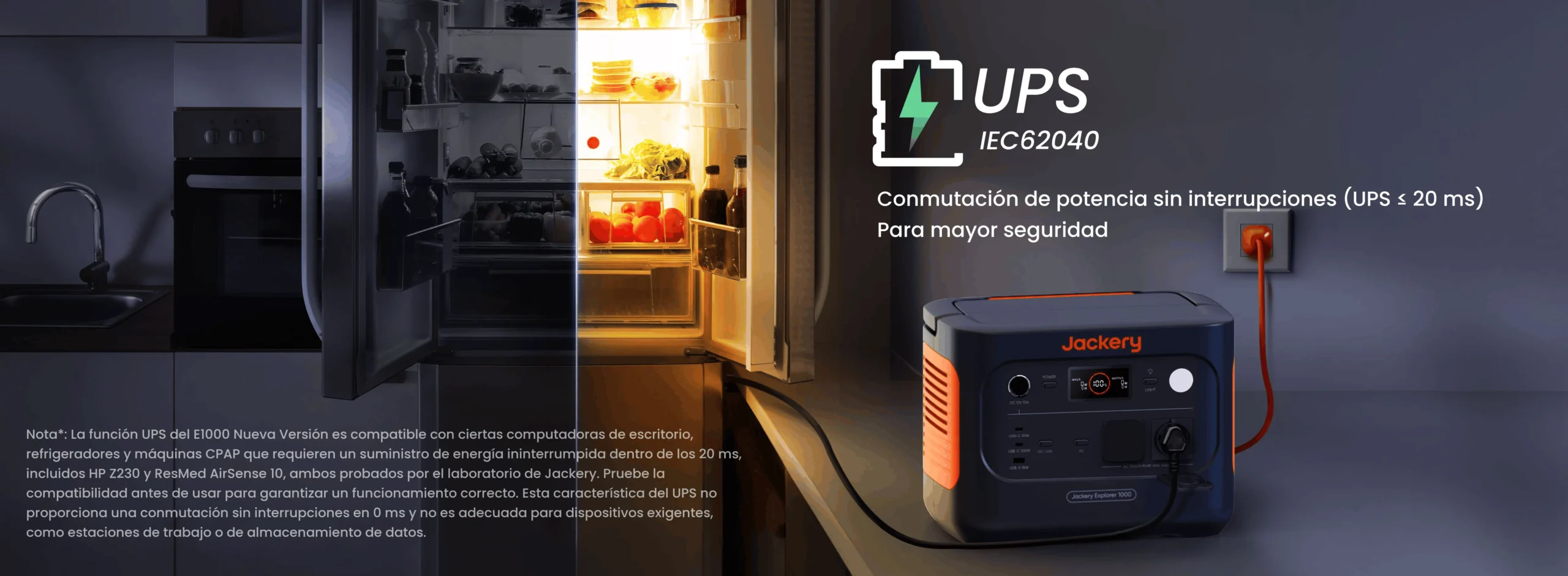 La Jackery 1000 v2 alimentando una nevera abierta en la cocina, destacando su función de conmutación UPS de 20ms.