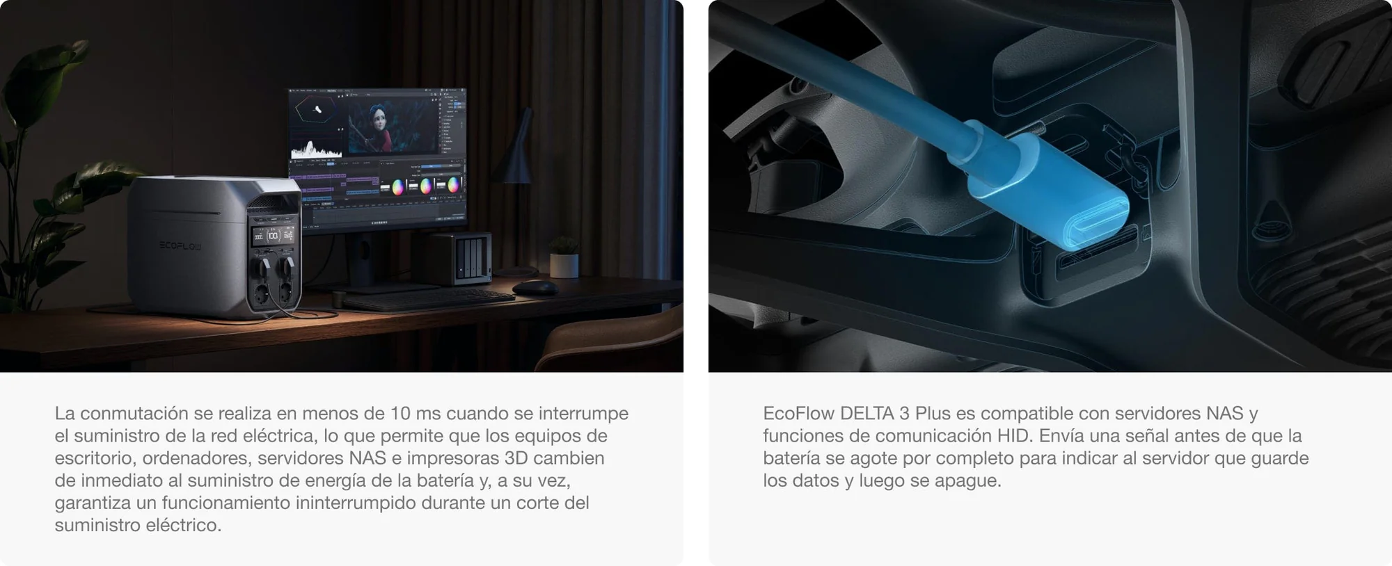 EcoFlow Delta 3 Plus funcionando como sistema SAI (UPS) para proteger un ordenador y equipos de oficina.