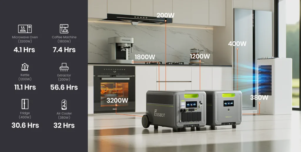 Cocina moderna con la FOSSiBOT F7200 alimentando microondas, nevera y cafetera de forma simultánea.