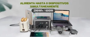 La estación ALLPOWERS R600 alimentando 8 aparatos a la vez, incluyendo portátiles, drones, tostadoras y tablets.