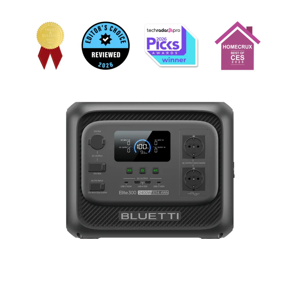 Estación de energía portátil Bluetti Elite 300 con pantalla inteligente y premios tecnológicos 2026.