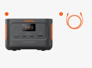 Contenido del paquete de la Jackery Explorer 100 Plus mostrando la unidad y el cable USB-C.