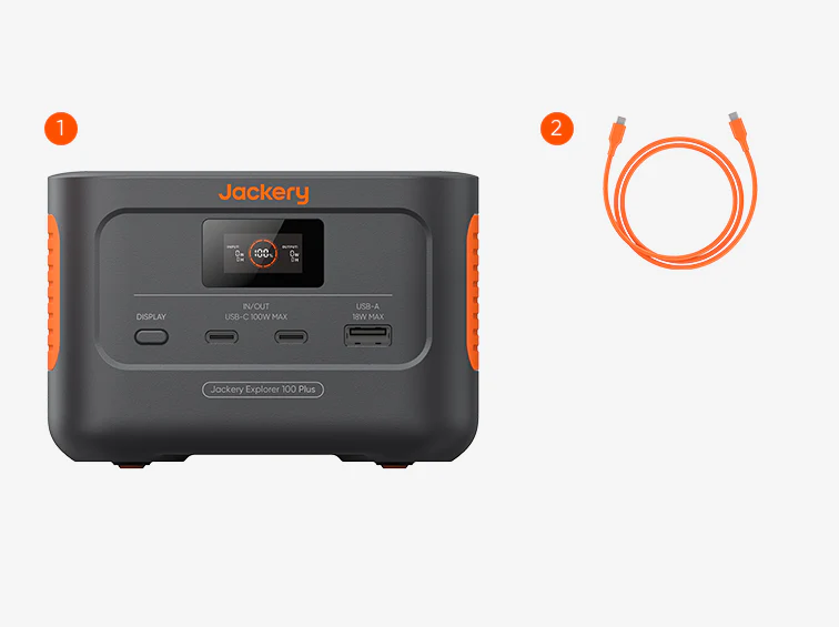 Contenido del paquete de la Jackery Explorer 100 Plus mostrando la unidad y el cable USB-C.