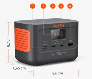 Diagrama de puertos y medidas (12,6 x 8,65 x 8,7 cm) de la Jackery Explorer 100 Plus.