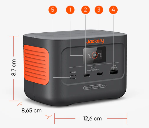 Diagrama de puertos y medidas (12,6 x 8,65 x 8,7 cm) de la Jackery Explorer 100 Plus.