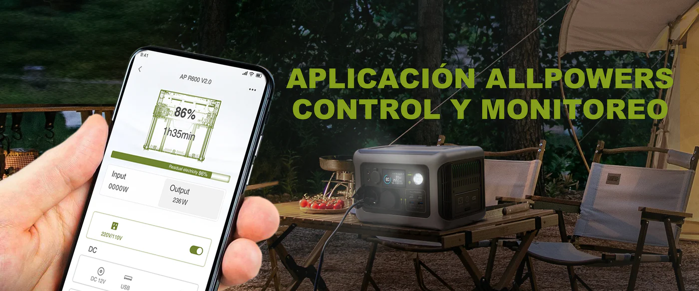 Pantalla de la aplicación oficial ALLPOWERS monitorizando por Bluetooth el consumo y estado de carga de la estación R600.