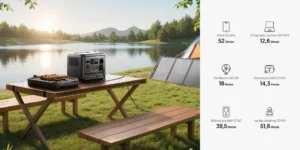 Varios dispositivos de camping y electrodomésticos conectados a las tomas frontales de la Bluetti Elite 100 V2.