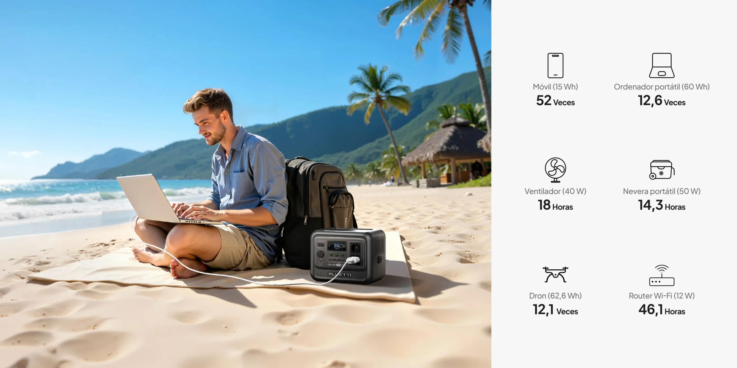 Usuario transportando la compacta estación de energía portátil Bluetti Elite 100 V2 en una zona de playa.