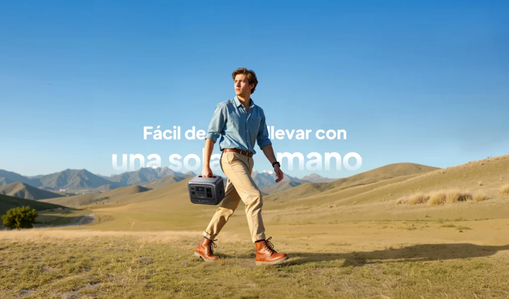 Persona levantando con una sola mano la estación Bluetti Elite 100 V2 demostrando su ligereza física.