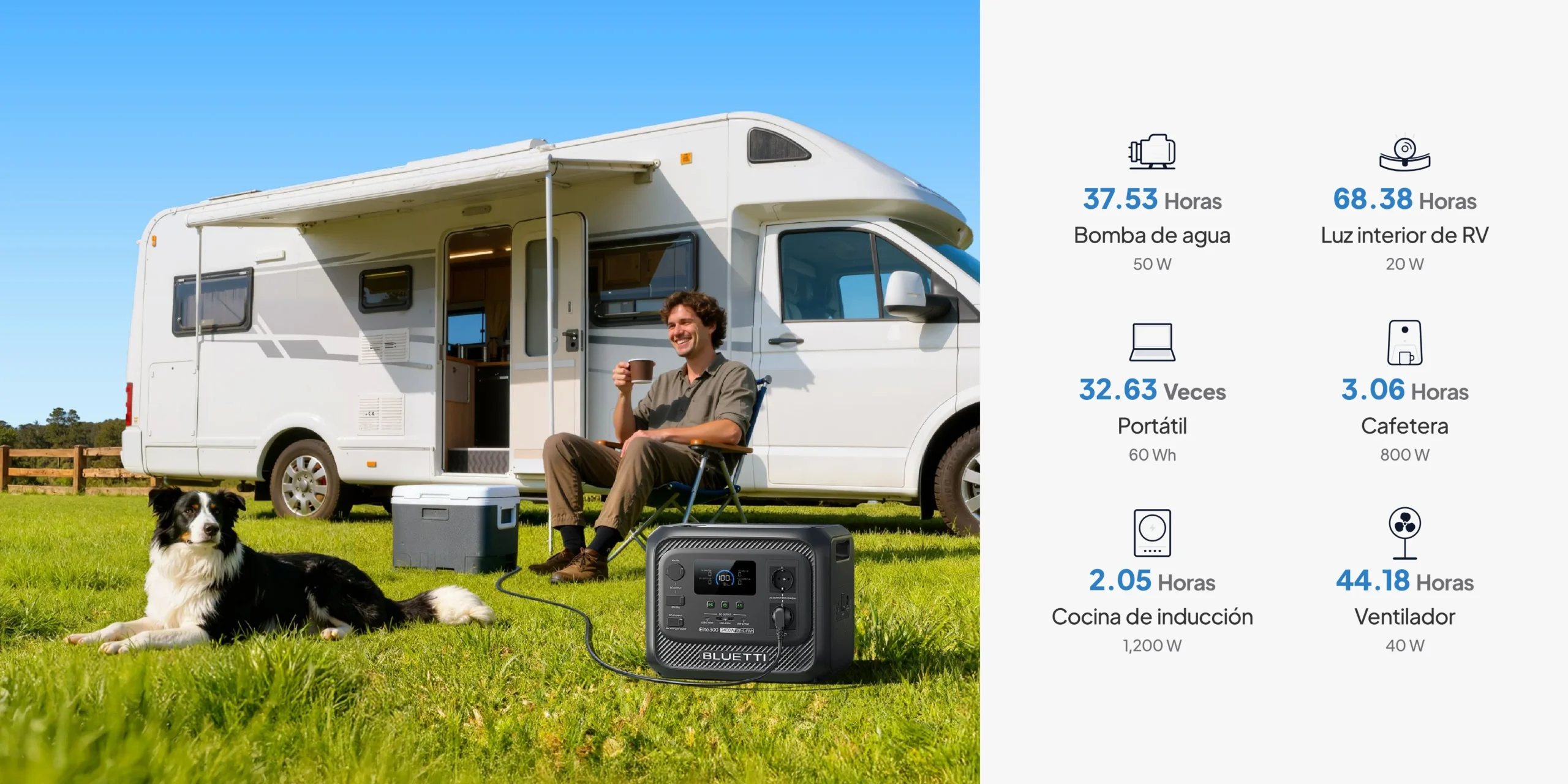 Infografía de tiempos de uso de la Bluetti Elite 300 con electrodomésticos de caravana como cafetera, bomba de agua y portátil.