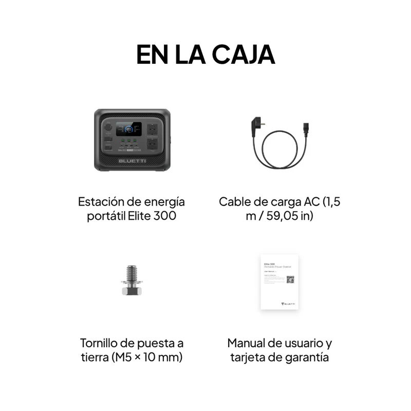 Accesorios incluidos en la caja de la Bluetti Elite 300: unidad principal, cable AC, tornillo de tierra y manual de usuario.