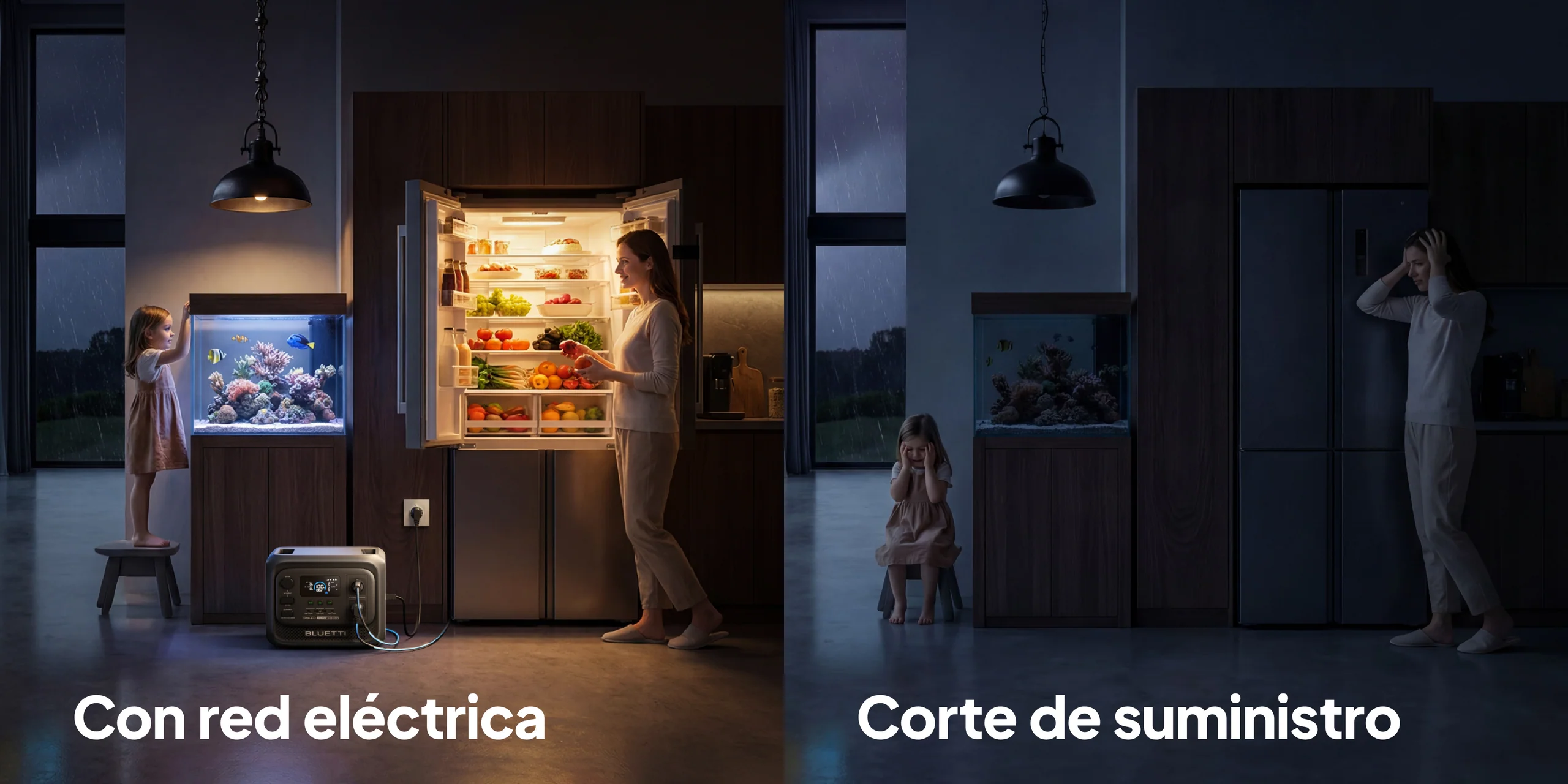 Comparativa de una cocina con red eléctrica activa vs corte de suministro, mostrando la Bluetti Elite 300 manteniendo el frigorífico encendido.