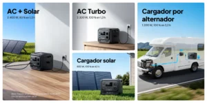 Cuatro formas de cargar la Bluetti Elite 300: carga combinada AC+Solar, carga turbo de pared, paneles solares y alternador de vehículo.