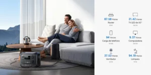 Pareja en el salón usando la Bluetti Elite 300 para alimentar un router, una TV LED de 50 pulgadas y cargar teléfonos móviles.