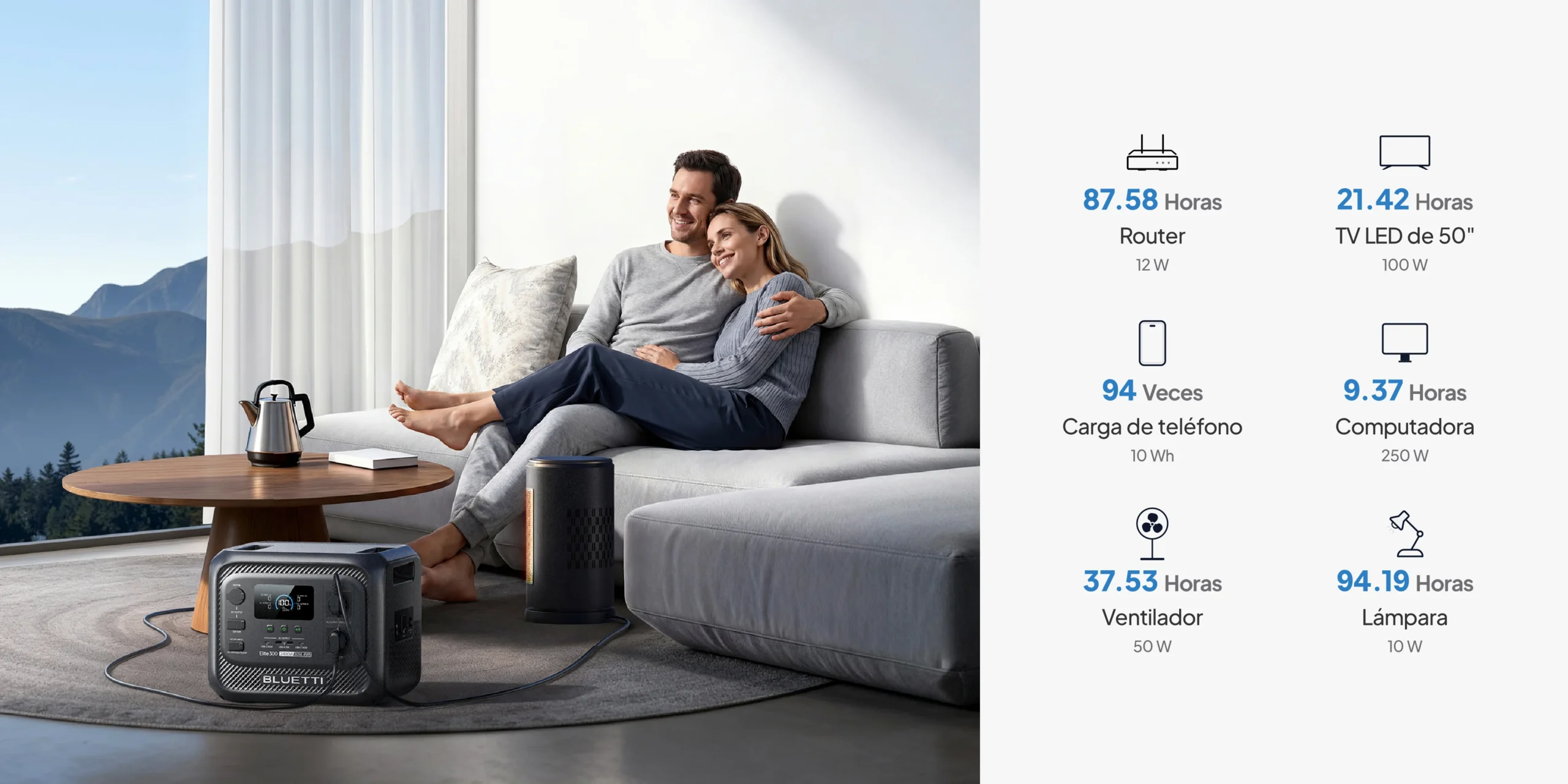 Pareja en el salón usando la Bluetti Elite 300 para alimentar un router, una TV LED de 50 pulgadas y cargar teléfonos móviles.