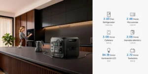 Estación portátil Bluetti Elite 300 en una cocina moderna alimentando una cafetera y monitorizando el consumo de un refrigerador.