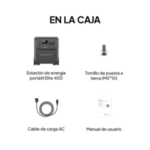 Contenido completo de la caja de la Bluetti Elite 400 incluyendo cables, manuales y la unidad tipo maleta.