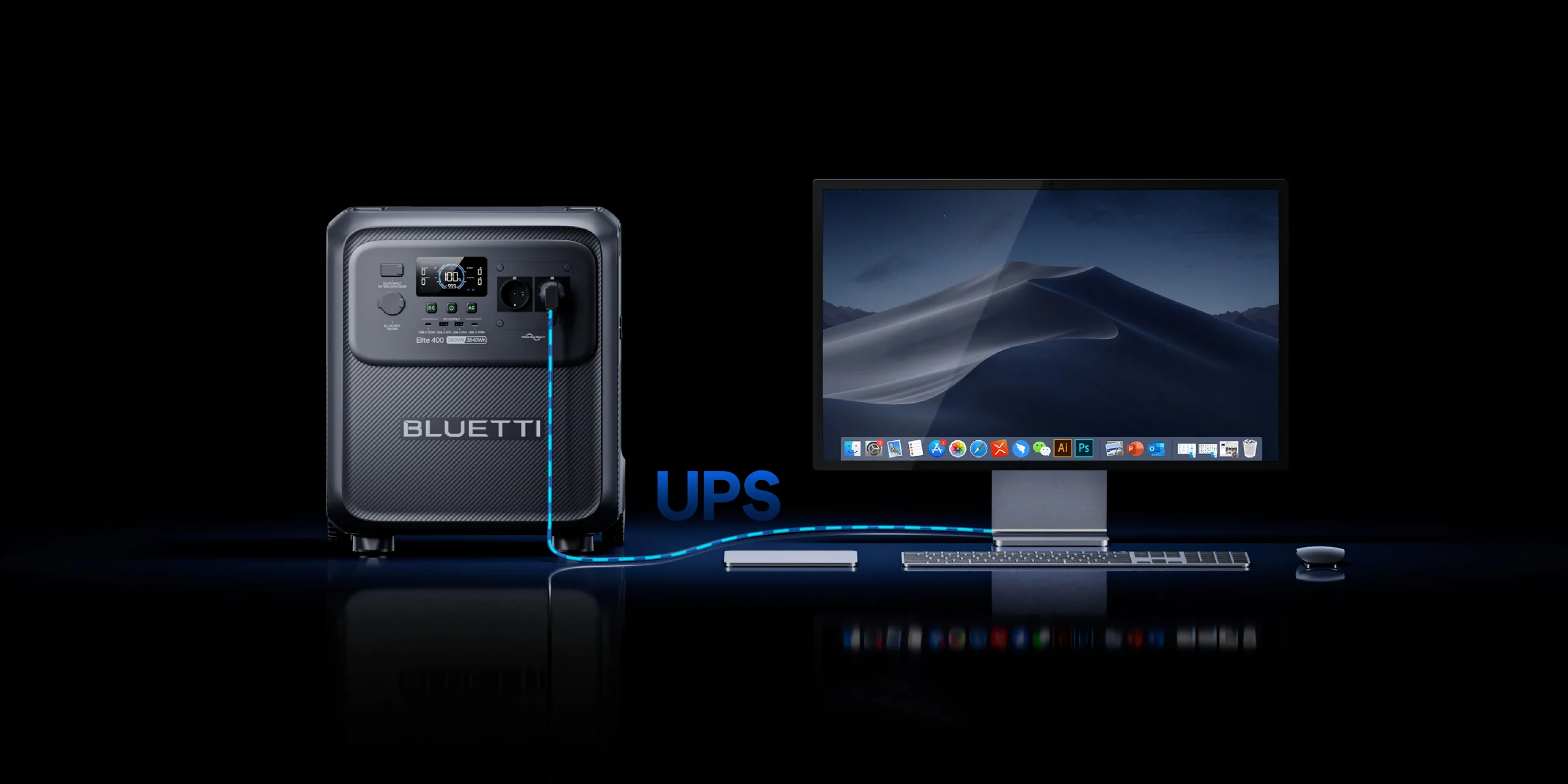 La Bluetti Elite 400 alimentando una cocina durante un apagón, manteniendo el frigorífico y las luces funcionando.