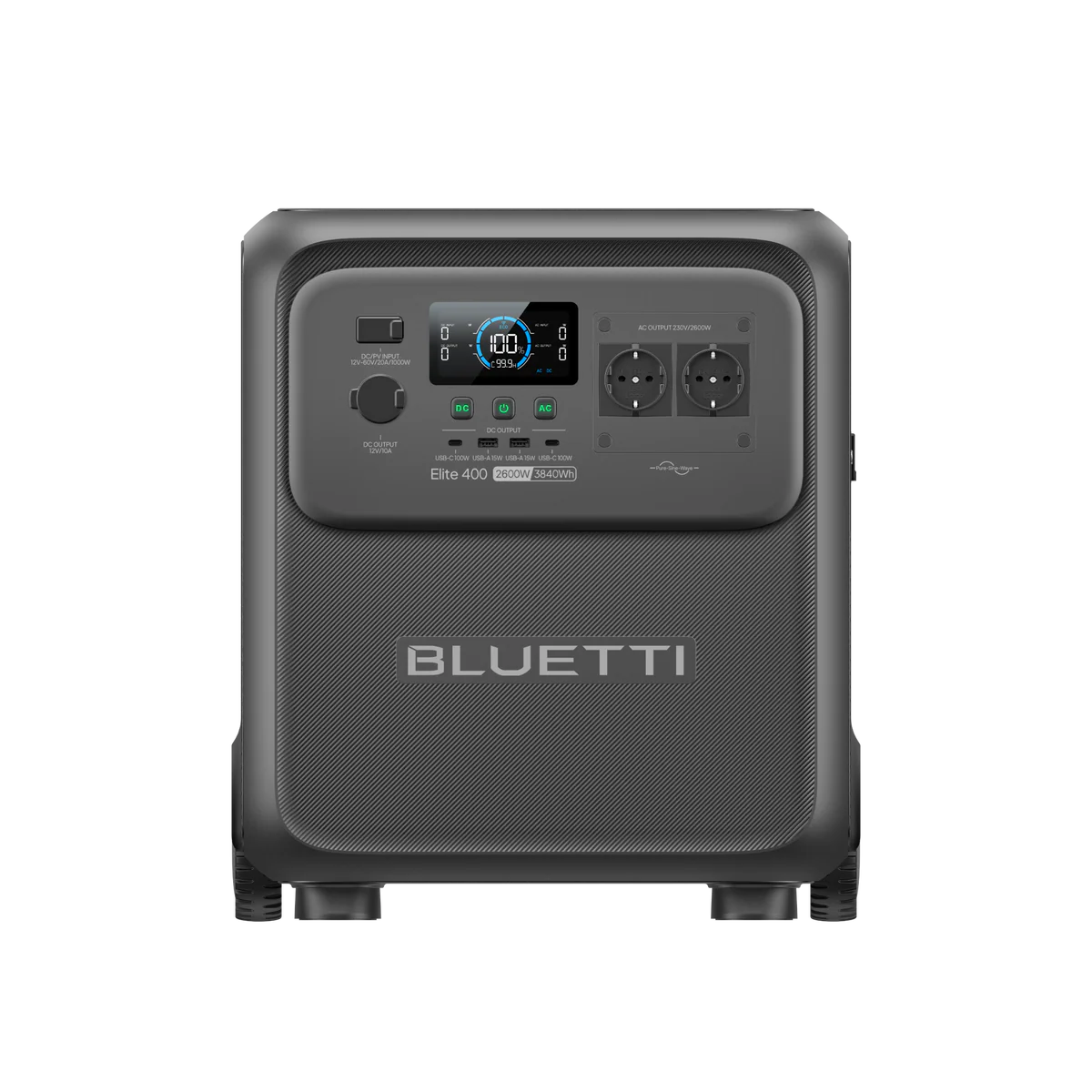 Vista frontal de la Bluetti Elite 400 destacando su pantalla LCD, puertos de salida y diseño robusto tipo trolley.