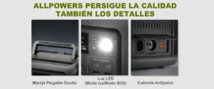 Detalles de diseño de la ALLPOWERS R600: manija plegable oculta, luz LED SOS y cubierta antipolvo para conexiones.