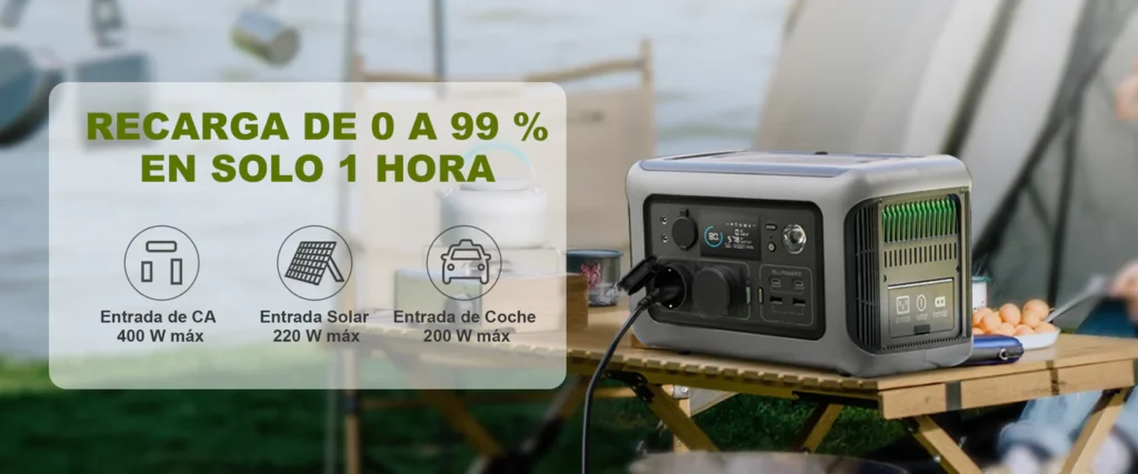 Modos y Velocidades de Carga ALLPOWERS R600 Opciones de recarga rápida de la ALLPOWERS R600: enchufe de pared a 400W, solar a 220W y toma de coche a 200W.