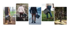 Collage de diferentes personas transportando la Bluetti AC180 fácilmente gracias a sus asas ergonómicas integradas.