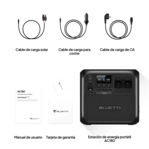 Contenido completo de la caja de la Bluetti AC180: estación de energía, cables de carga solar, CA y coche, manual y garantía.