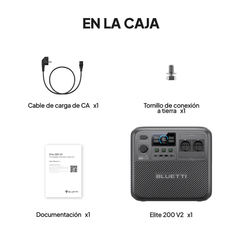 contenido-caja-accesorios-bluetti-elite-200-v2 Vista completa de todo lo que incluye la caja de la Bluetti Elite 200 V2: cables de carga, manual en español y tarjeta de garantía.