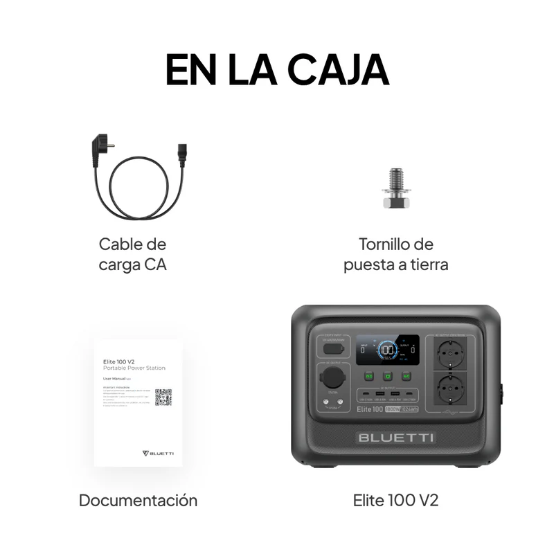 Desglose de los cables y accesorios incluidos en el paquete original de la Bluetti Elite 100 V2.