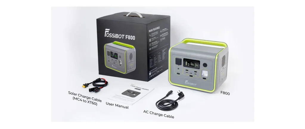 contenido-caja-accesorios-originales-fossibot-f800.webp Desglose visual de todos los cables, accesorios y documentación incluidos en el paquete original de la FossiBot F800.