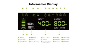 Detalle de los indicadores, vatios de entrada, salida y porcentaje restante en la pantalla LCD de la FossiBot F800.