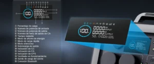 Esquema detallado de la pantalla LCD de la ALLPOWERS R600 con indicador de carga, vatios de entrada y salida, y modos activos.