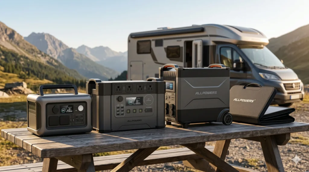 Modelos de estaciones de energía portátil ALLPOWERS y paneles solares en un campamento camper.