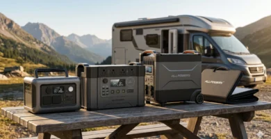 Modelos de estaciones de energía portátil ALLPOWERS y paneles solares en un campamento camper.