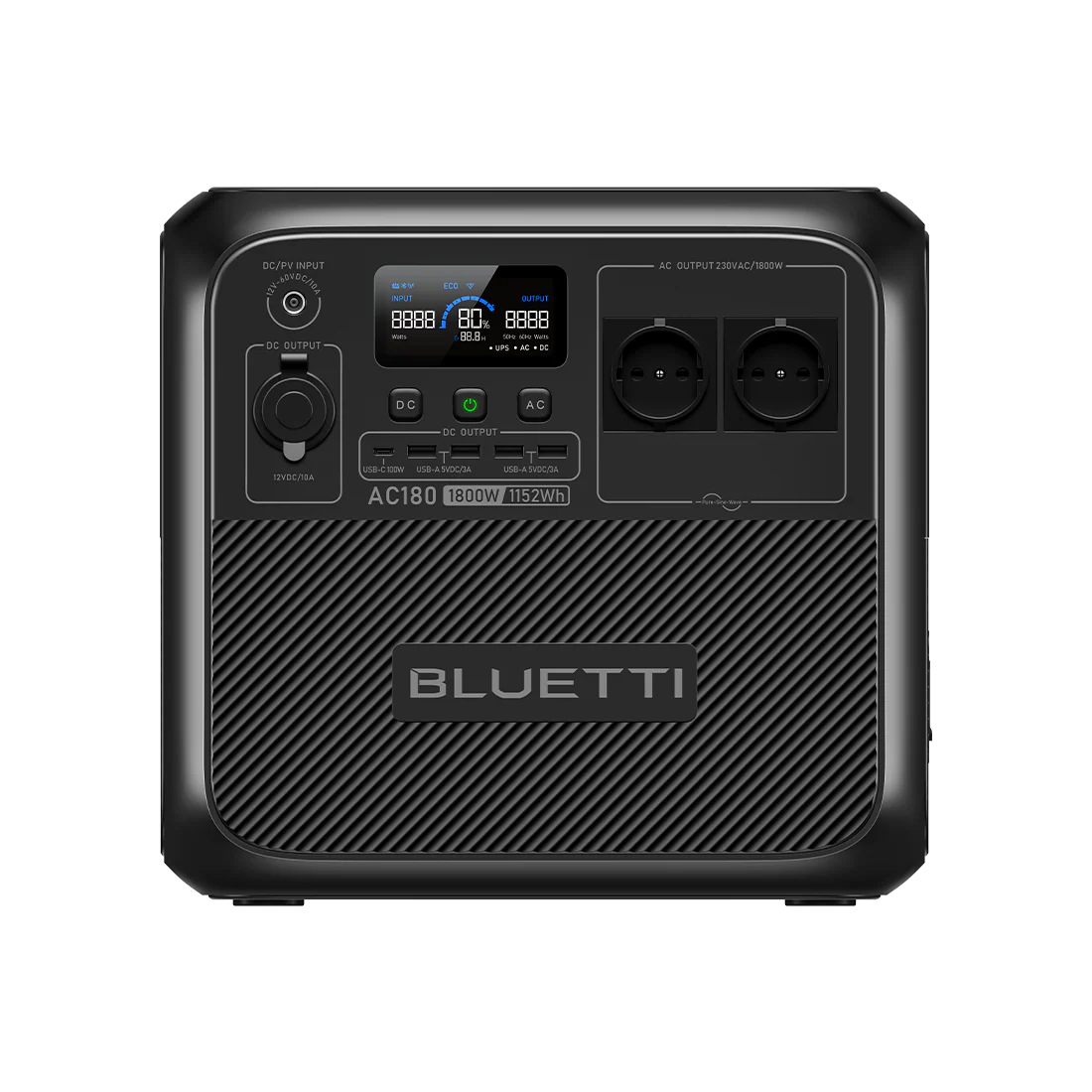 Vista frontal detallada de la estación de energía Bluetti AC180 con sus puertos AC, USB-C de 100W y pantalla LCD informativa.