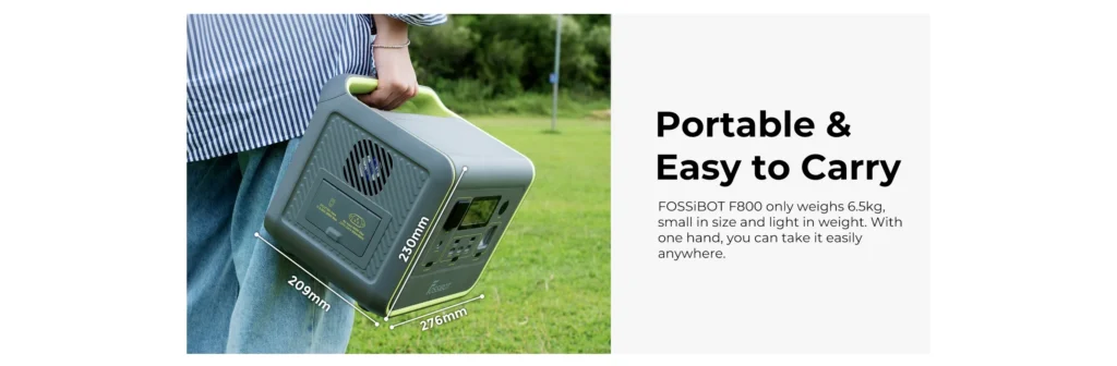 fossibot-f800-diseno-asa-plegable-portabilidad.webp Detalle del diseño superior plano y asa ergonómica abatible de la estación de energía FossiBot F800.
