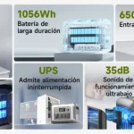 Infografía de rendimiento global y diseño de la central eléctrica portátil ALLPOWERS R1500 Lite con sus especificaciones oficiales de 1056Wh y 1600W.