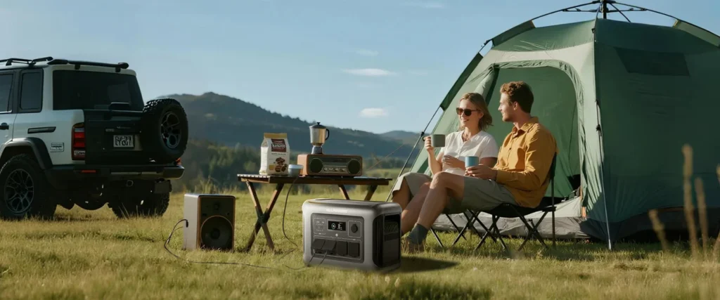 allpowers-r1500-lite-camping-uso-aire-libre Generador portátil solar ALLPOWERS R1500 Lite en un entorno de acampada al aire libre alimentando dispositivos electrónicos al lado de una furgoneta camper.