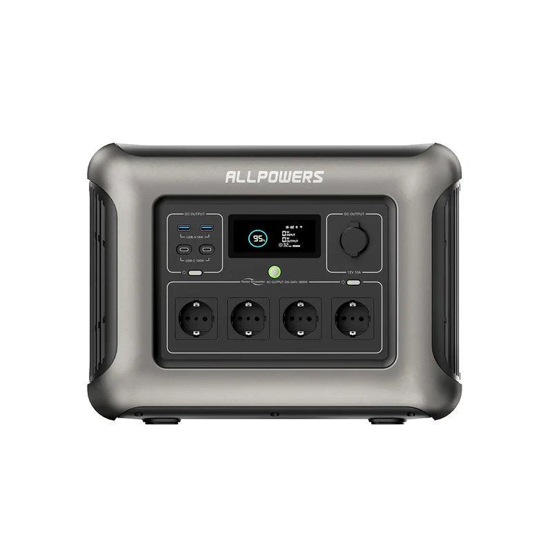 Estación de energía portátil ALLPOWERS R1500 vista frontal con 4 enchufes Schuko 220-240V 1800W, 2 puertos USB-A 18W, 2 puertos USB-C 100W, salida DC 12V 10A y pantalla LCD al 95% de carga