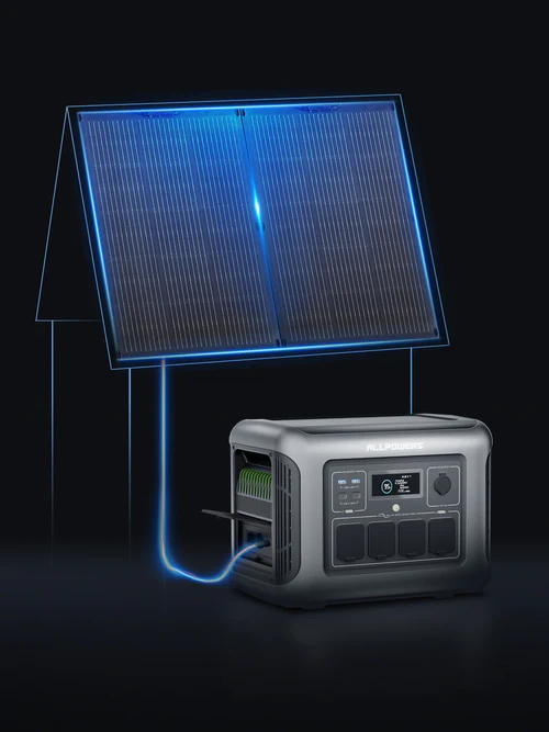 Panel solar fotovoltaico cargando la estación de energía portátil ALLPOWERS R1500 Lite mediante su entrada regulada MPPT de 650W máximos.